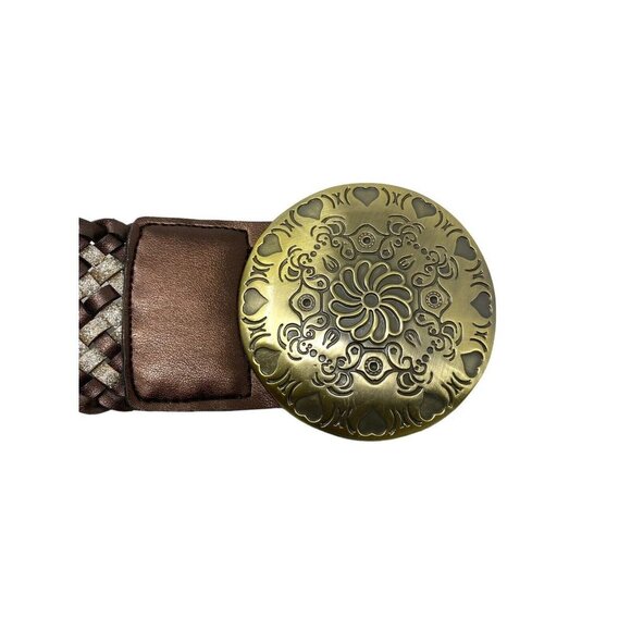 Bohemian Women Woven Metallic Brown Glitter Gold Circular Floral Buckle 40" Long - Picture 3 of 6